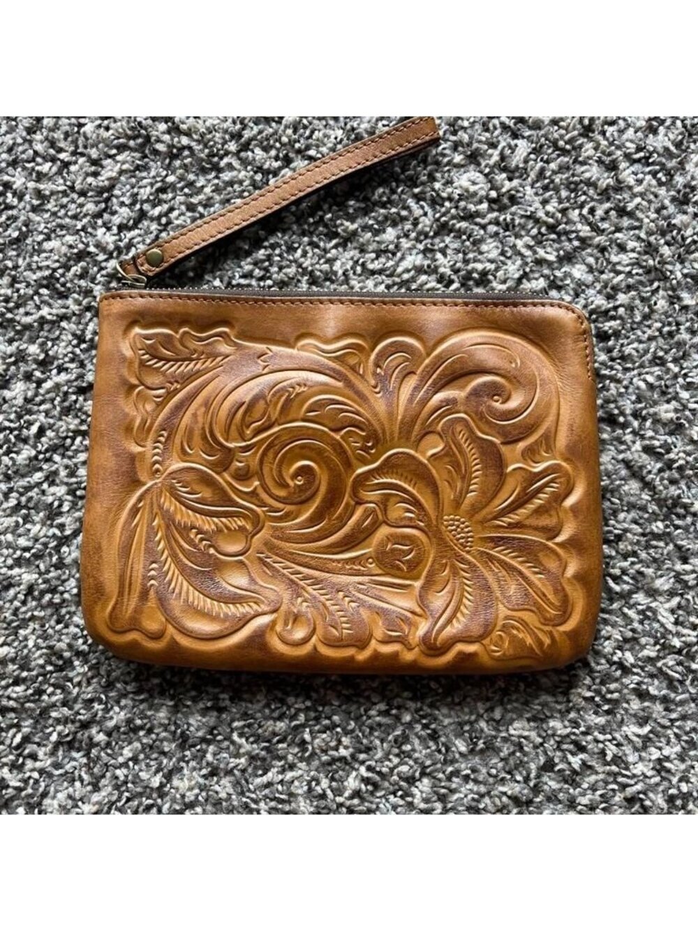 Patricia Nash Cassini Tooled British Tan Leather Wristlet Western Boho Floral